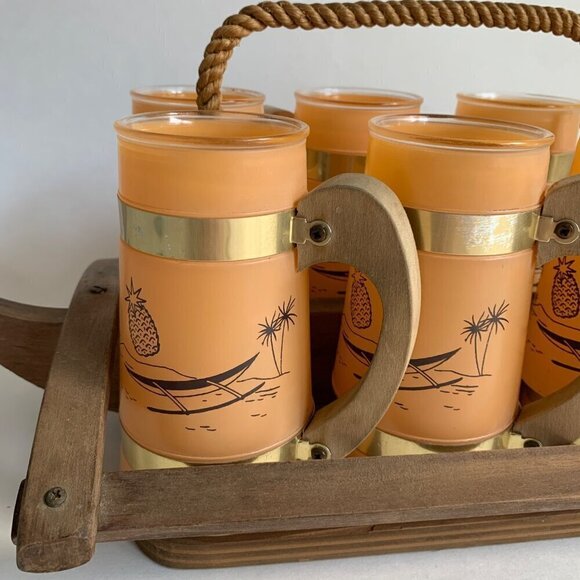 Siesta Ware Vintage Peach Glasses Set of 6 With Canoe Outrigger Carrier Wooden T - Picture 2 of 6